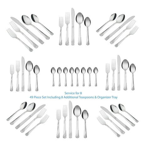 Mainstays Swirl 49 Piece Stainless Steel Flatware and Organizer Tray Set, Silver, Service for 8 3.29 lb
