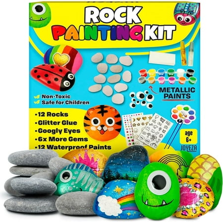JOYEZA Rock Painting Arts and Crafts Kit with 12 Rocks, Paints, and Accessories