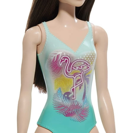 Beach Barbie Doll with Black Hair Wearing Blue One-Piece Swimsuit with Tropical Print
