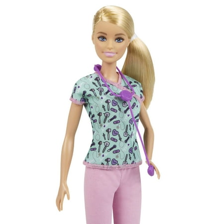 Barbie Nurse Fashion Doll Dressed in Medical Scrubs, White Shoes & Stethoscope Accessory, One Size, 12"
