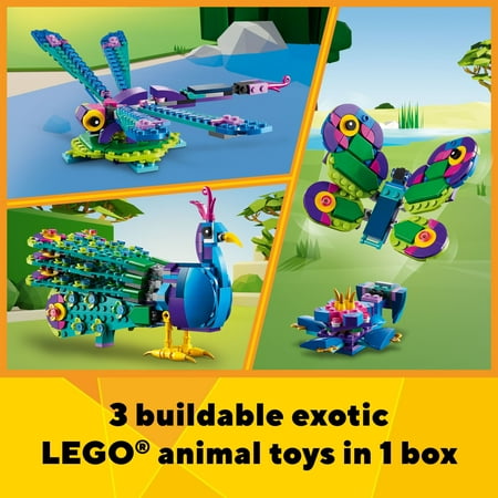 LEGO Creator 3 in 1 Exotic Peacock Toy, Transforms from Peacock to Dragonfly to Butterfly Toy, Play-and-Display Gift Idea for Boys and Girls Ages 7 Years Old and Up, Bird Toy, 31157