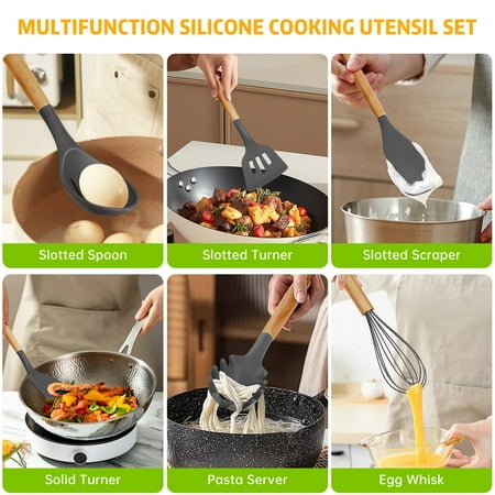 29 Pcs Silicone Kitchen Utensil Set, Cooking Utensils Set, Food Grade Silicone Spatula Set, BPA-Free, 446?F Heat Resistant Kitchen Gadgets Tools Set with Wooden Handle for Non-Stick Cookware, Gray, Gray