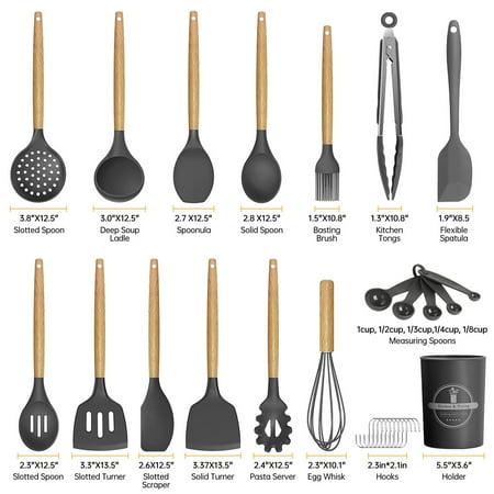 29 Pcs Silicone Kitchen Utensil Set, Cooking Utensils Set, Food Grade Silicone Spatula Set, BPA-Free, 446?F Heat Resistant Kitchen Gadgets Tools Set with Wooden Handle for Non-Stick Cookware, Gray, Gray