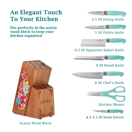 The Pioneer Woman Breezy Blossoms 11-Piece Stainless Steel Knife Block Set, Teal