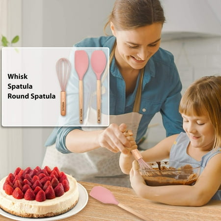 VIVAYO Kitchen Utensils Set, 32 Pcs Non-Stick Silicone Cooking Utensil Spatula Set with Holder, Wooden Handle Heat Resistance Silicon Kitchen Set with Ladle Whisk, Tongs, Measuring Cups, Spoons, Pink