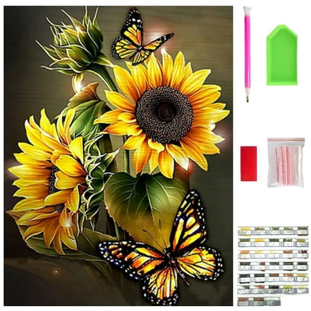 Diamond Art Kits for Adults, Butterfly Full Drill Round Diamond Art Kits for Beginners, DIY Art Craft Kits, Gifts for Friends & Family, Flowers Picture for Home Wall Decor 40*30cm.