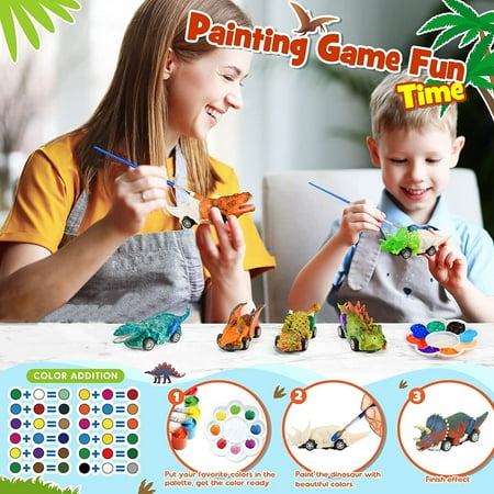 Style-Carry Dinosaur Toy Pull Back Cars, Dinosaur Painting Kit for Kids, Arts and Craft Gift for Toddlers Boys Ages 2 3 4 5, Kids Easter Crafts Christmas Crafts