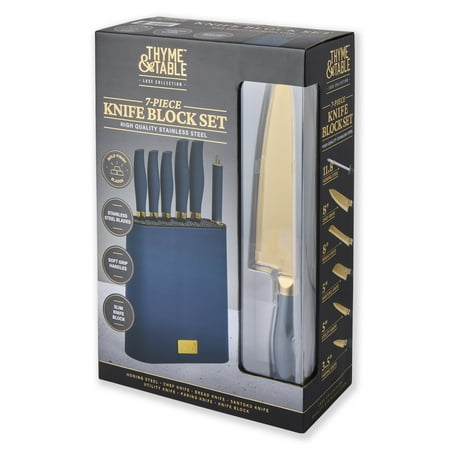 Thyme & Table 7-Piece Slim Block Knife Set with Gold Blades and Blue Block