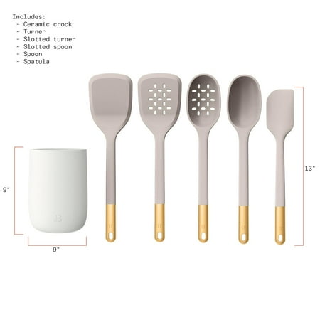 Beautiful 6-Piece Silicone Tool Set with Ceramic Crock, Porcini Taupe by Drew Barrymore
