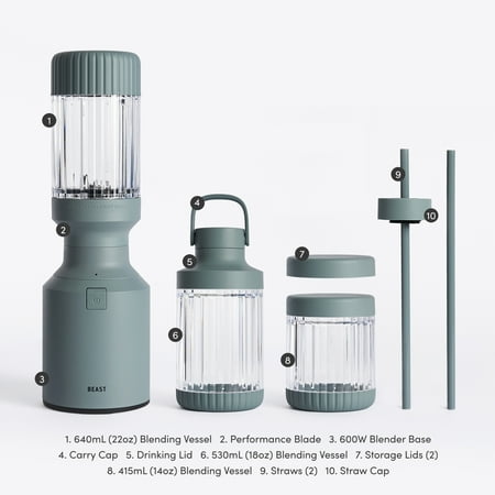 The Beast Mini? Blender Plus | Personal Countertop Blending for Smoothies, Shakes, Food Prep & Frozen Fruits & Veggies | Extra Portable Vessels, Straw Cap & Straws Included | 600W Motor (Mist)