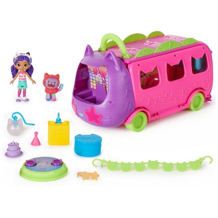Gabby?s Dollhouse, Celebration Party Bus Transforming Vehicle Playset with Gabby & DJ Catnip Toy Figures
