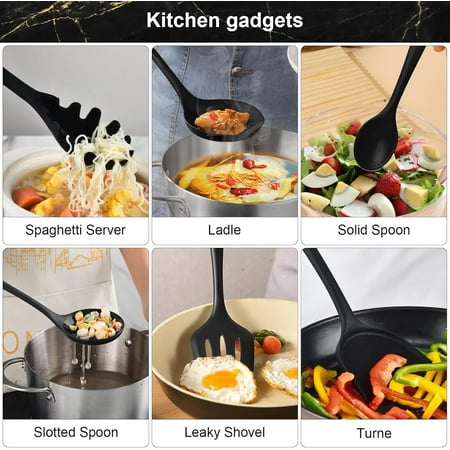 18PCS Silicone Cooking Utensils Set - 446?F Heat Resistant Kitchen Utensils,Turner Tongs,Spatula,Spoon,Brush,Whisk,Kitchen Utensil Gadgets Tools Set for Nonstick Cookware,Dishwasher Safe - Black, Black