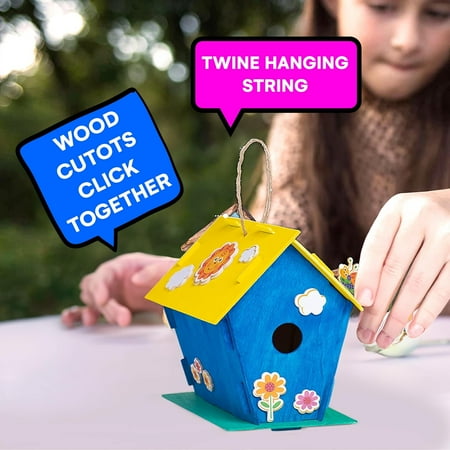 12 Wooden Birdhouse Crafts for Kids - DIY Unfinished Wood Birdhouse Kits with Paint Strips, Paintbrushes & Stickers - Bulk Arts and Crafts Set