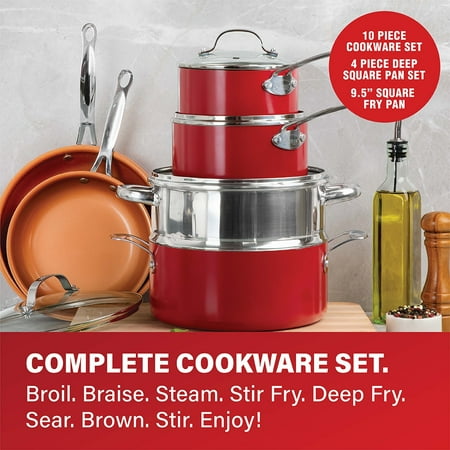 Gotham Steel Nonstick Pots and Pans 32 Piece Kitchen Ceramic Cookware Set Bakeware and Storage Set Skillet Saucepans RedRed,