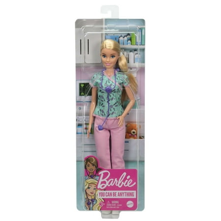 Barbie Nurse Fashion Doll Dressed in Medical Scrubs, White Shoes & Stethoscope Accessory, One Size, 12"