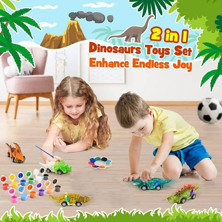 Style-Carry Dinosaur Toy Pull Back Cars, Dinosaur Painting Kit for Kids, Arts and Craft Gift for Toddlers Boys Ages 2 3 4 5, Kids Easter Crafts Christmas Crafts