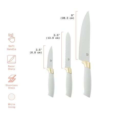 Beautiful 3-Piece Soft Grip Stainless Steel Chef Knife Set White and Gold by Drew Barrymore