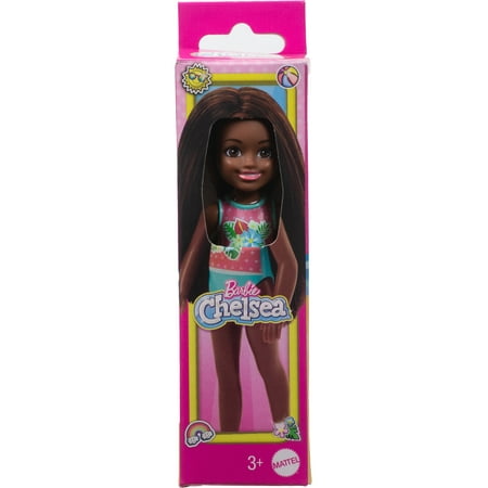 Barbie Chelsea Small Doll with Beach Swimsuit, Polka Dot & Floral Print, Brown Hair & Brown Eyes