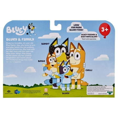 Bluey Family Figure 4-Pack, with Mum Dad Bingo Bluey, Ages 3+, Toddler Toys