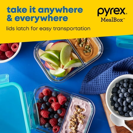 Pyrex MealBox 2.3-cup Divided Glass Food Storage Container with Blue Lid, 2.1 cup