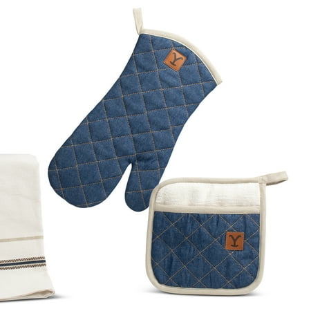 Yellowstone 3-Piece Oven Mitt, Pot Holder, & Tea Towel Kitchen Linen Set, Kayce Collection