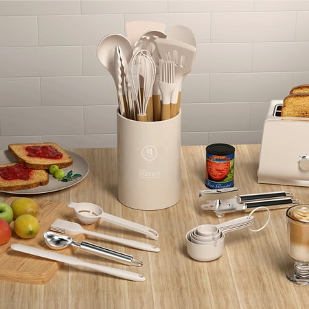 35 Silicone Cooking Utensils Set - 446?F Heat Resistant Silicone Kitchen Utensils for Cooking, Kitchen Utensil Spatula Set w Wooden Handles and Holder, BPA FREE Gadgets for Non-Stick Cookware (Khaki), Beige