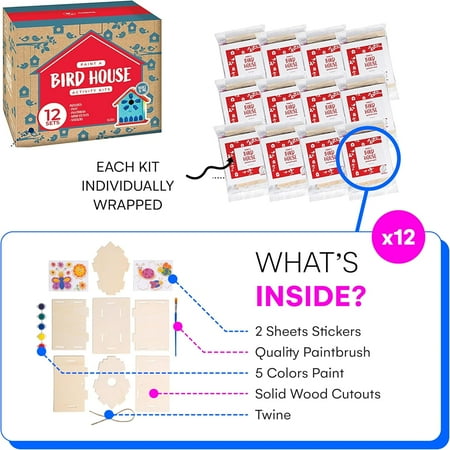 12 Wooden Birdhouse Crafts for Kids - DIY Unfinished Wood Birdhouse Kits with Paint Strips, Paintbrushes & Stickers - Bulk Arts and Crafts Set