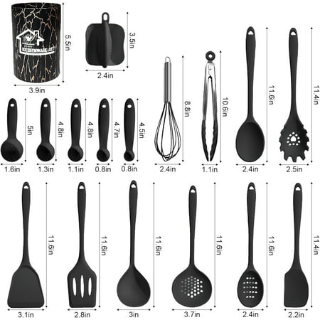 18PCS Silicone Cooking Utensils Set - 446?F Heat Resistant Kitchen Utensils,Turner Tongs,Spatula,Spoon,Brush,Whisk,Kitchen Utensil Gadgets Tools Set for Nonstick Cookware,Dishwasher Safe - Black, Black