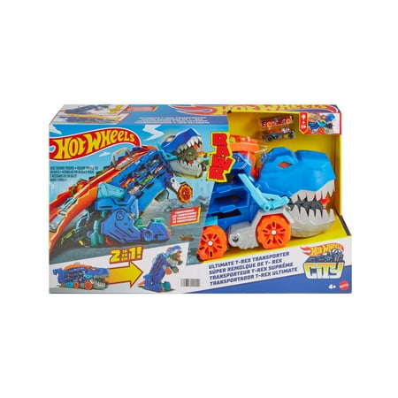 Hot Wheels City Ultimate T-Rex Transporter, Hauler Transforms into a Dino, Featured in ?Let?s Race?