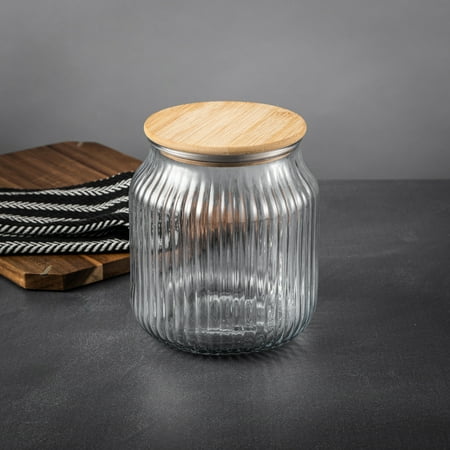 Thyme & Table Medium (2.6 L) Ribbed Glass Kitchen Organization Jar with Bamboo Lid, Clear