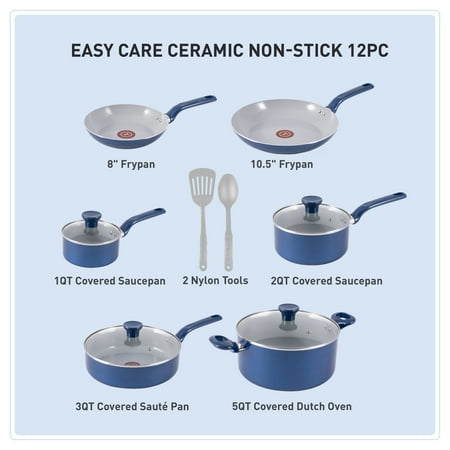 T-fal Easy Care Ceramic Non-Stick, 12 Piece Pots and Pans Cookware Set, Electric BlueBlue,