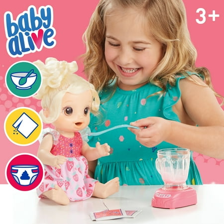 Baby Alive Magical Mixer Baby Doll Strawberry Shake, Blender, Drinks, Wets, Eats, Blonde Hair Toy, Strawberry Shake