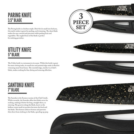 Thyme & Table Non-Stick Coated High Carbon Stainless Steel Speckled Kitchen Knives, 3 Piece Set, Black