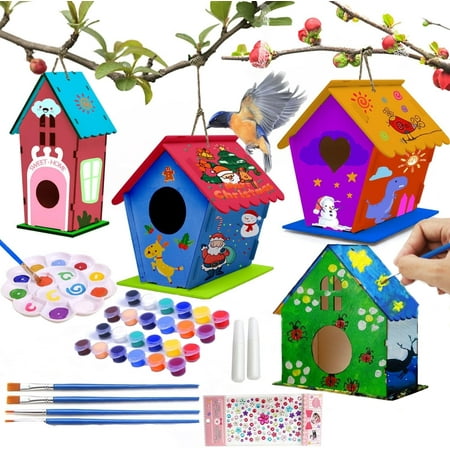 4 Pcs Bird House Kits, Arts and Crafts for Kids Ages 4-8, DIY Birdhouse Crafts for Kids to Build and Paint, Painting for Kids Ages 4-12, Wooden Birdhouse Art, Birthday, Children's Day ,Christmas Gift