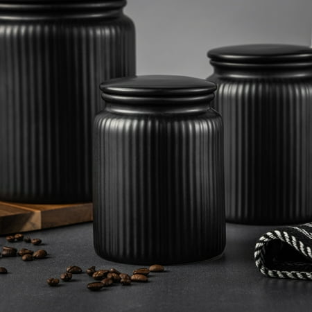 Thyme & Table Small (580mL) Ceramic Ribbed Kitchen Organization Jar, Black
