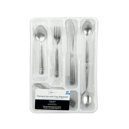 Mainstays 49 Piece Elena Stainless Steel Flatware and Organizer Tray Value Set Silver, Service for 8