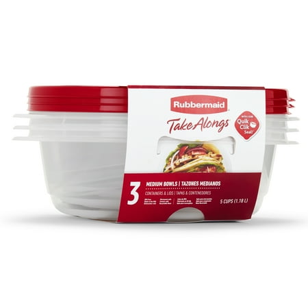 Rubbermaid TakeAlongs, 5 Cup, Set of 3, Red, Medium Bowls Plastic Food Storage Containers