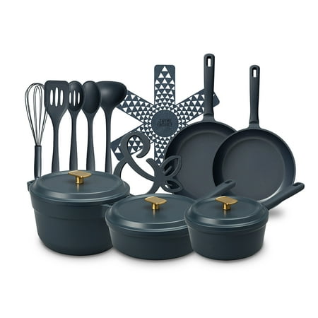 Thyme & Table Diecast 18-Piece Cookware & Silicone Utensil Set Non-Stick - Atlantic Blue, Blue