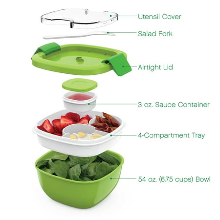 Bentgo Salad - Stackable Lunch Container with Large 54-oz Salad Bowl, 4-Compartment Bento-Style Tray for Toppings, 3-oz Sauce Container for Dressings, Built-In Reusable Fork & BPA-Free (Green)N/A,
