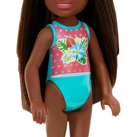 Barbie Chelsea Small Doll with Beach Swimsuit, Polka Dot & Floral Print, Brown Hair & Brown Eyes