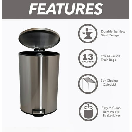Better Homes & Gardens 10.5 Gallon Trash Can, Oval Kitchen Step Trash Can, Stainless Steel, Silver