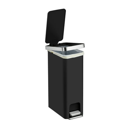Better Homes & Gardens 10.5 Gallon Kitchen Step Trash Can, Plastic Slim Step-On Kitchen Trash Can, Black, Black