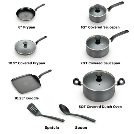 T-fal Easy Care 12-Piece Non-Stick Cookware Set, Pots and Pans, GreyGray,