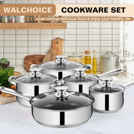 Walchoice 13-Piece Stainless Steel Cookware Set, Kitchen Pots and Pans Set with Glass Lid for Cooking, Induction & Dishwasher Safe, Silver