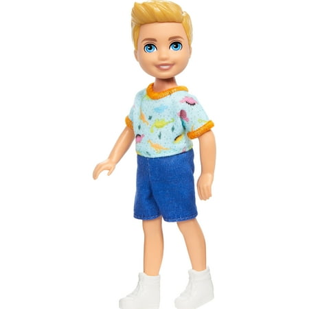 Barbie Chelsea Doll, Small Boy Doll Wearing Removable One-Piece with Dino Print, Blond Hair & Blue Eyes