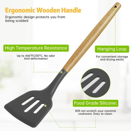 29 Pcs Silicone Kitchen Utensil Set, Cooking Utensils Set, Food Grade Silicone Spatula Set, BPA-Free, 446?F Heat Resistant Kitchen Gadgets Tools Set with Wooden Handle for Non-Stick Cookware, Gray, Gray