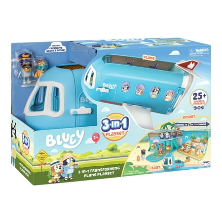 Bluey 3-in-1 Transforming Plane Playset, 25+ Sounds and Phrases, Ages 3+, Toddler Toys