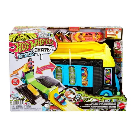 Hot Wheels Skate Tony Hawk Transforming Skate Bus with 1 Exclusive Finger Skateboard & 1 Pair of Removable Skate Shoes
