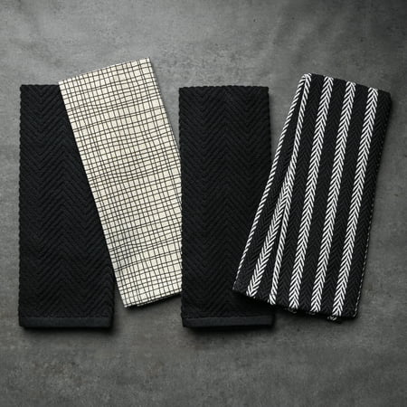 Thyme & Table Kitchen Towels, Black and Gold Crosshatch, 4 Pack Set