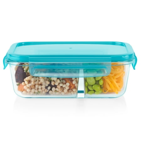 Pyrex MealBox 4-cup Divided Glass Food Storage Container with Turquoise Lid, 3.4 cup